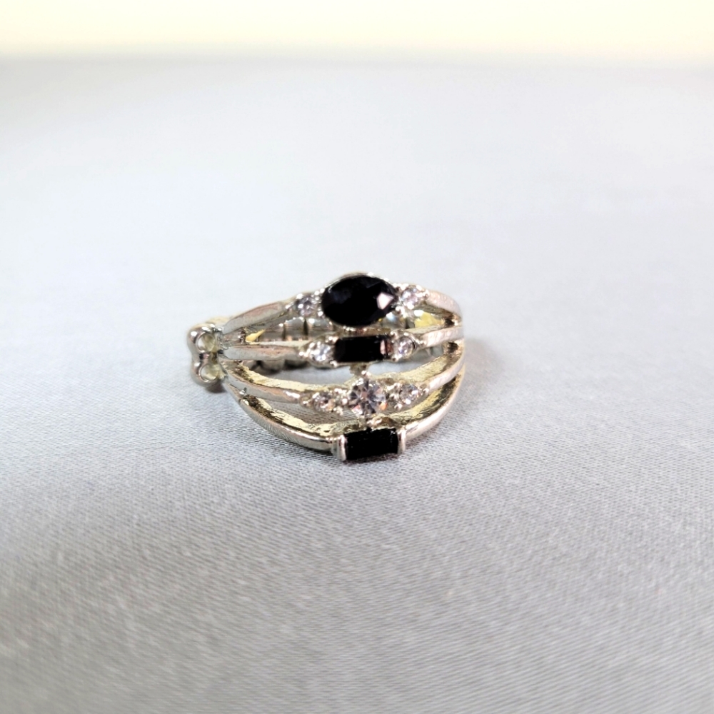 Rare Custom Made Black Beads & Crystal with Silver Setting Ring, One Size